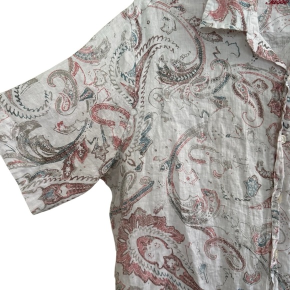 Tasso Elba 100% Linen Shirt Button Up Short Sleeve Pastel Paisley L - Picture 2 of 7